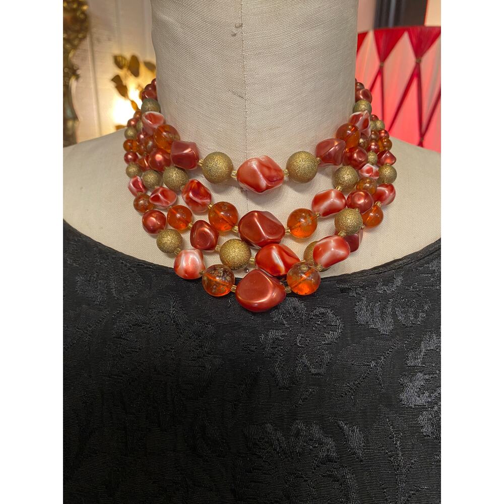 vintage 1950s multi strand beaded necklace rust and gold bead 50s jewelry choker